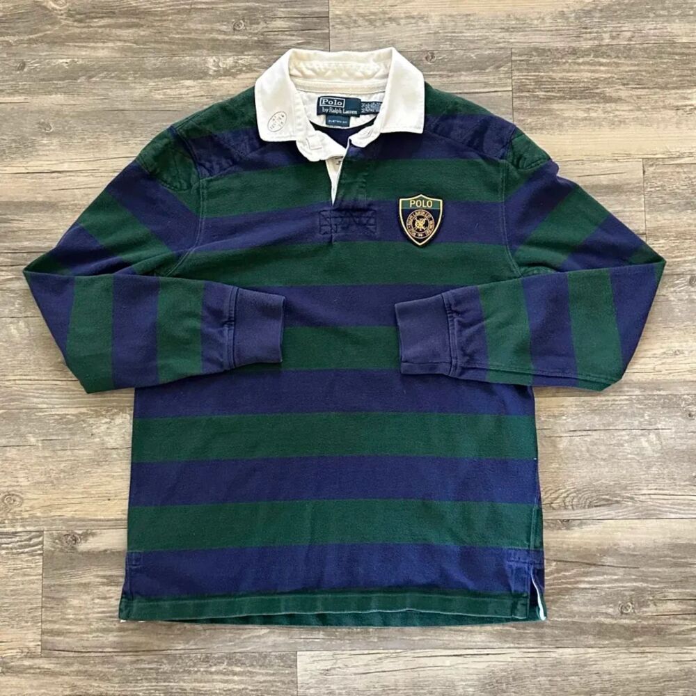 Vintage Polo Ralph Lauren Shield Striped Rugby Long Sleeve Shirt Size Medium